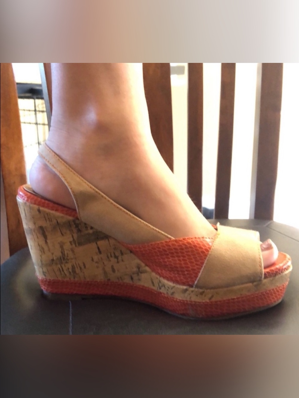 Wedge Heels ~ Coral & Tan ~ Cork Heel ~ Sz 7 ~ Adjustable Straps w/ Peep Toe